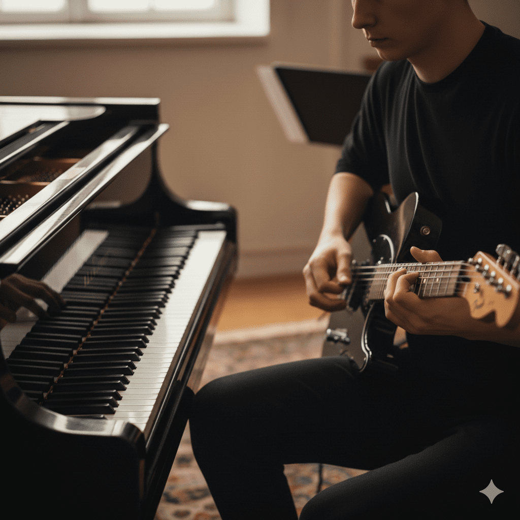 "Ob das klassische Fundament am Klavier oder die energetische Freiheit an der E-Gitarre: Entdecke die harmonische Vielfalt unserer Tasten- und Saiteninstrumente. Unsere Dozenten begleiten dich von den ersten Akkorden bis hin zu komplexen Soli – individuell abgestimmt auf dein Tempo und deinen Musikgeschmack."