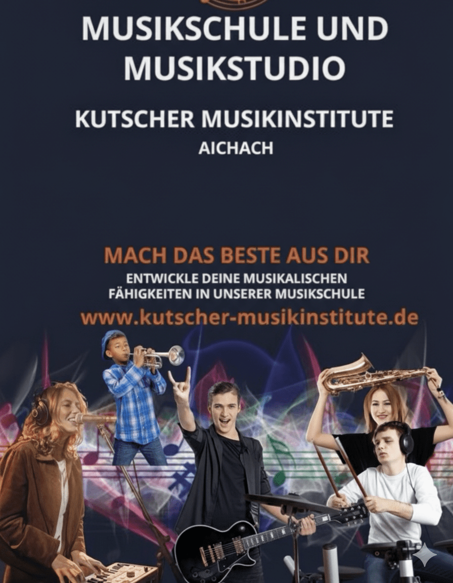 Werbebild der Kutscher Musikinstitute für den Standort Aichach. Dunkelblauer Hintergrund mit dem Slogan „Mach das Beste aus dir“. Im unteren Teil ist eine Gruppe junger Musiker mit verschiedenen Instrumenten (Gitarre, Keyboard, Saxophon, Schlagzeug, Trompete) vor bunten, rauchähnlichen Lichteffekten zu sehen.