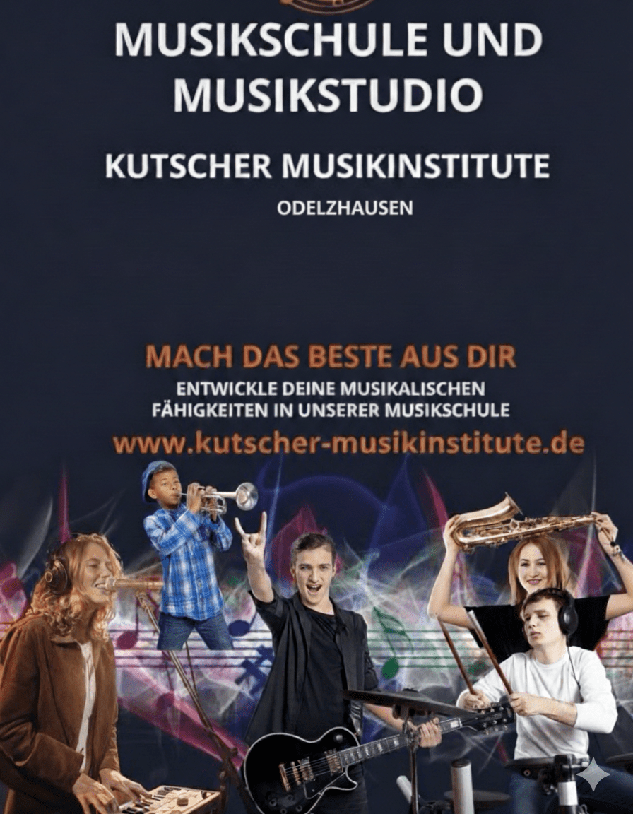 Digitales Werbeplakat der Kutscher Musikinstitute für Odelzhausen. Zu sehen sind Jugendliche, die mit Begeisterung Musik machen, unter anderem an einem Keyboard und einer E-Gitarre. Das Farbschema ist Dunkelblau mit weißer und orangefarbener Schrift.