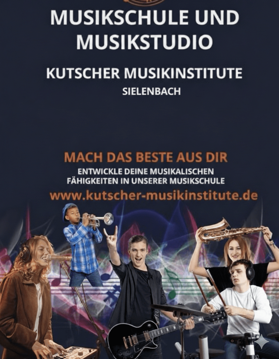 Werbebild der Musikschule Kutscher Musikinstitute speziell für Sielenbach. Das Design zeigt fünf junge Musiker in einer dynamischen Collage. Der Text lädt dazu ein, musikalische Fähigkeiten zu entwickeln. Die Website www.kutscher-musikinstitute.de ist am unteren Rand angegeben.