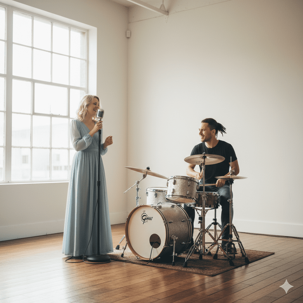 "Werde zum Taktgeber am Schlagzeug oder entfalte die Kraft deiner eigenen Stimme. Im Bereich Rhythmus und Gesang steht die Performance im Vordergrund. Wir trainieren mit dir Gehör, Rhythmusgefühl und Ausdrucksstärke, damit du auf jeder Bühne – ob im Proberaum oder vor Publikum – voll überzeugst."